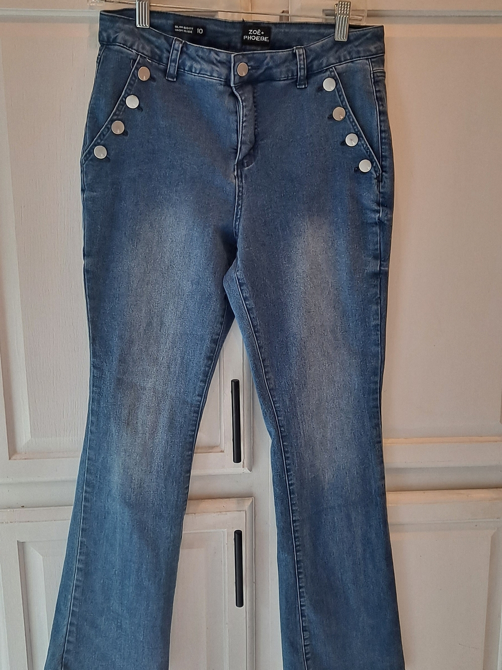 Zoe & Phoebe Blue Denim Jean Retro Button-Trim Slim Bootcut Hi-rise Stretch